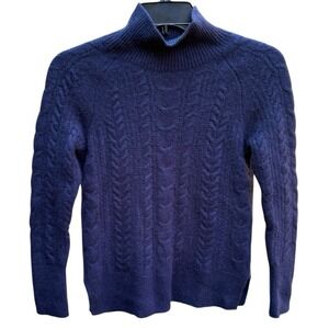 White + Warren Navy Cable Knit Cashmere Roll Neck Sweater Quiet Luxury Womens XS